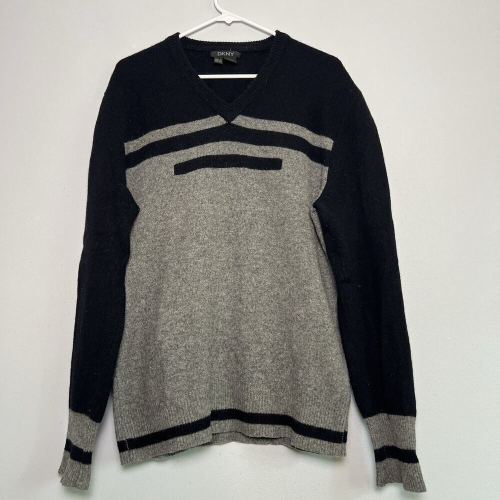 DKNY Men's Wool Knit V Neck Sweater Sz L Green Black Colorblock Office Classic